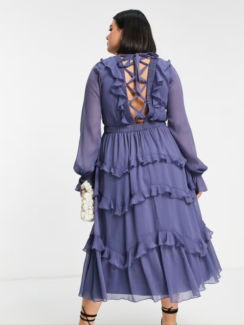 Asos Curve Ruffle Tiered Midi Dress in Dusty Blue - Picture 2 of 6